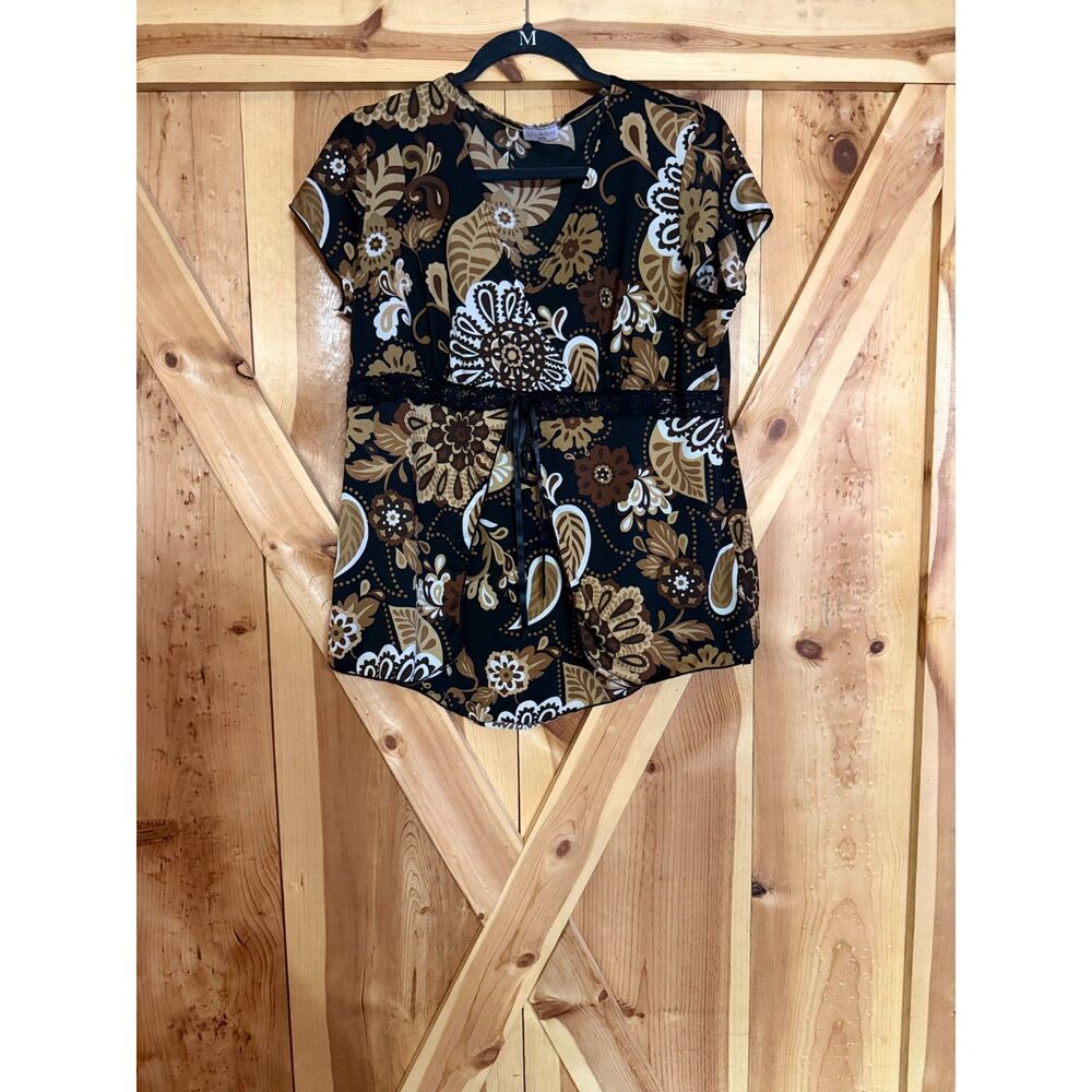 Brown Floral Paisley Print Babydoll Tunic Top Empire Waist Lace Trim Vtg Y2K L